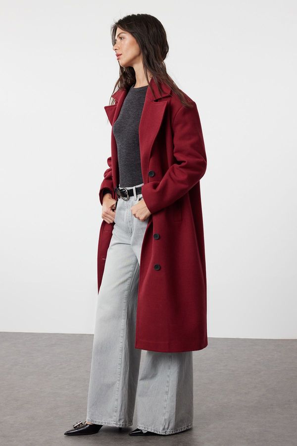 Trendyol Trendyol Claret Red Asymmetric Closure Soft Texture Oversize Coat