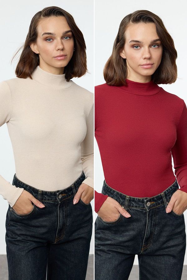 Trendyol Trendyol Claret Red-Beige 2 Pack Corduroy Stand Collar Fitted Long Sleeve Flexible Knitted Blouse