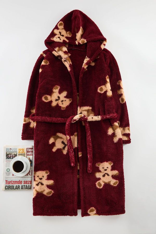 Trendyol Trendyol Claret Red Belted Teddy Bear Hooded Wellsoft Winter Knitted Dressing Gown