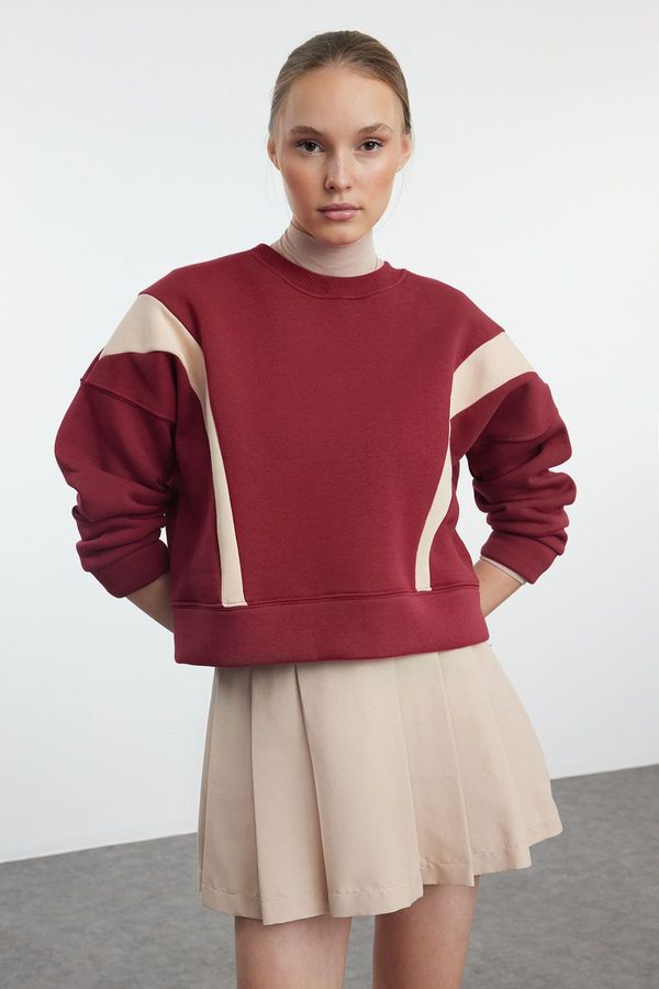 Trendyol Trendyol Claret Red Color Block Regular/Normal Pattern Crew Neck Knitted Sweatshirt