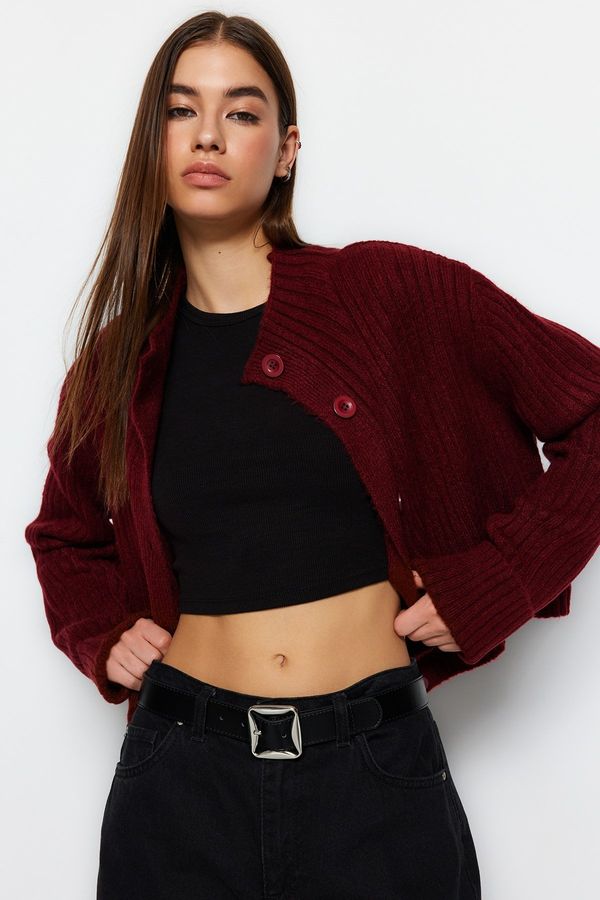 Trendyol Trendyol Claret Red Crop Soft Textured Stand-Up Collar Knitwear Cardigan