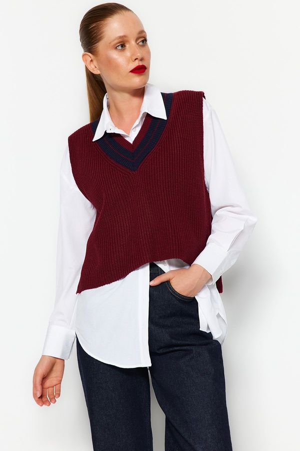 Trendyol Trendyol Claret Red Crop V-Neck Knitwear Sweater