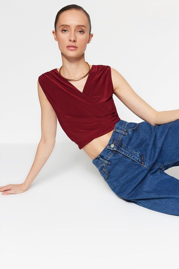 Trendyol Trendyol Claret Red Drape Detailed, Double Breasted Collar Crop, Stretchy Knitted Blouse
