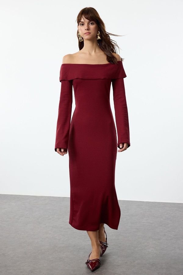 Trendyol Trendyol Claret Red Fitted Carmen Neck Soft Textured Midi Stretchy Knitted Pencil Dress