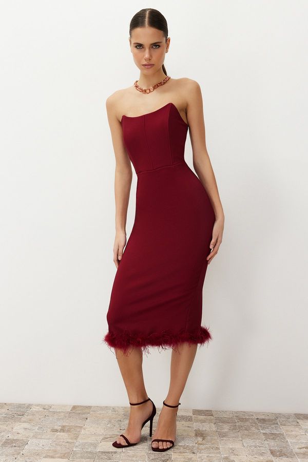 Trendyol Trendyol Claret Red, Fitted Corset Detailed, Ribbed Woven Elegant Evening Dress