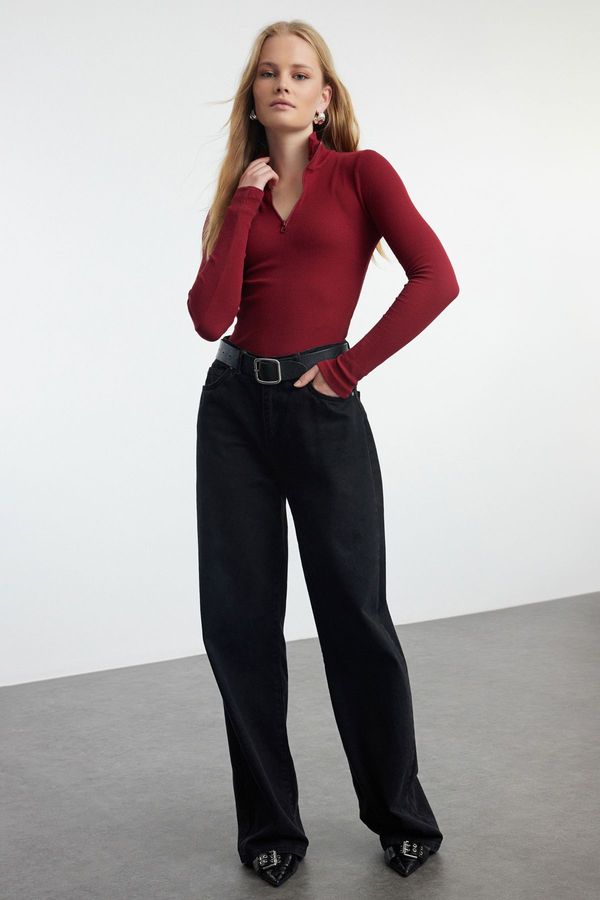 Trendyol Trendyol Claret Red Fitted Zipper Collar Stretchy Knitted Blouse