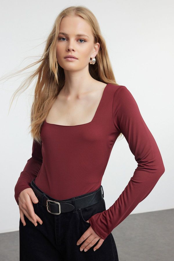 Trendyol Trendyol Claret Red Fitted/Fits the Body Square Neck Long Sleeve Snap-Front Flexible Knitted Bodysuit