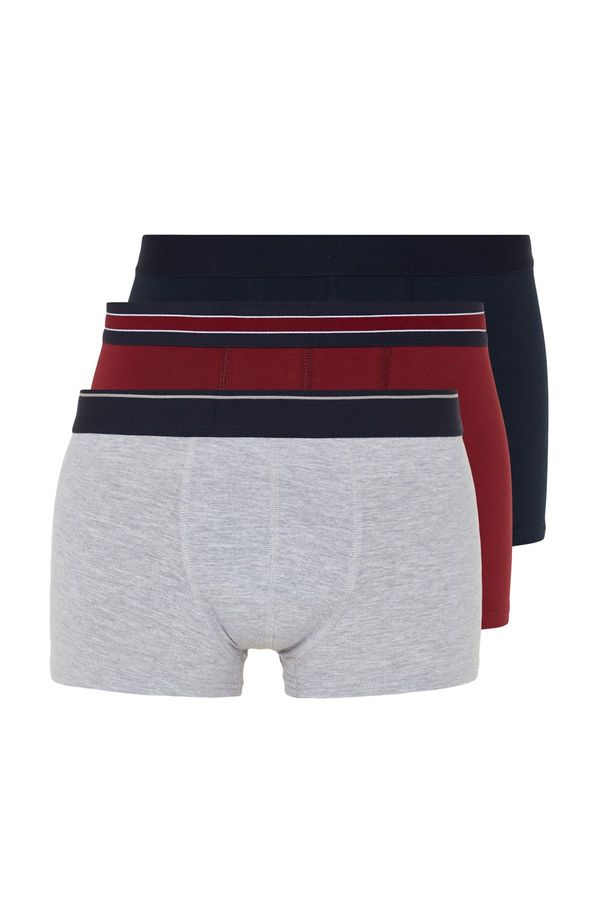 Trendyol Trendyol Claret Red-Grey-Navy Blue Plain Striped Elastic Basic 3 Pack Cotton Boxers