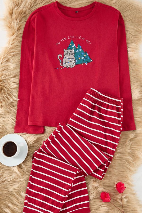 Trendyol Trendyol Claret Red New Year's Jersey Knitted Pajamas Set