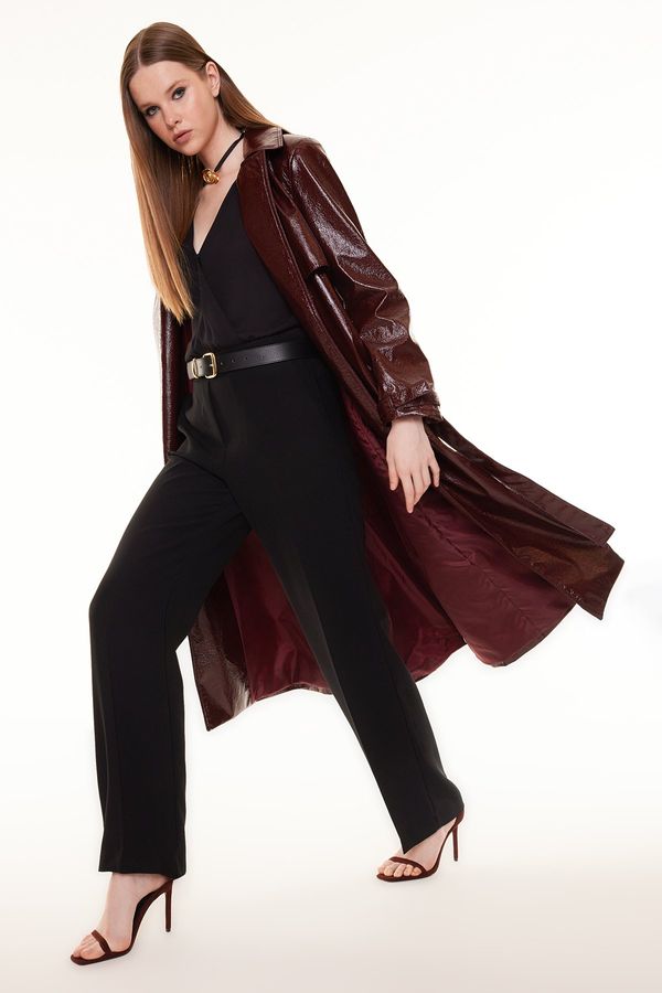 Trendyol Trendyol Claret Red Oversize Wide Cut Patent Leather Trench Coat