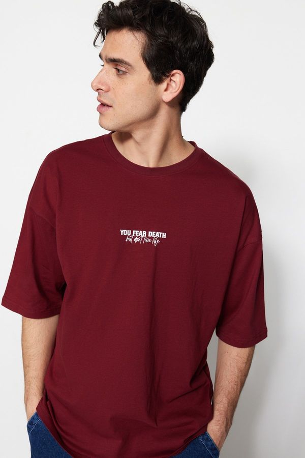 Trendyol Trendyol Claret Red Oversize/Wide Cut 100% Cotton Minimal Text Printed T-Shirt