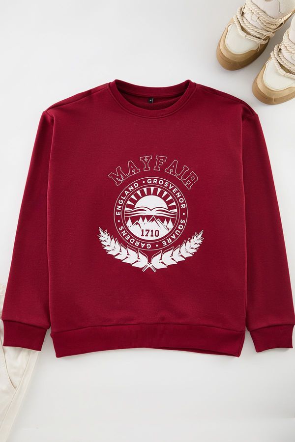 Trendyol Trendyol Claret Red Oversize/Wide Cut Crew Neck College Printed Sweatshirt