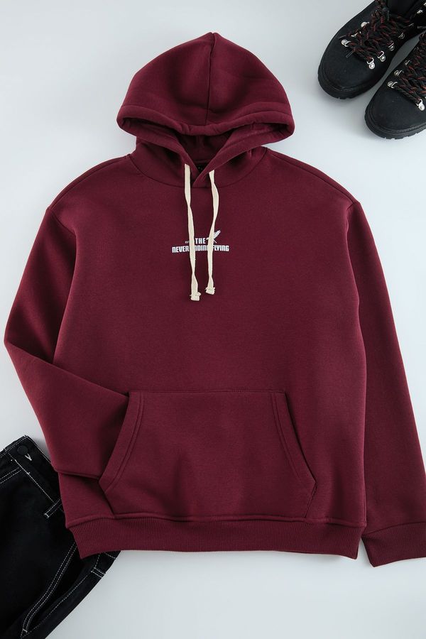 Trendyol Trendyol Claret Red Oversize/Wide Cut Hooded Printed Fleece Inside Cotton Sweatshirt