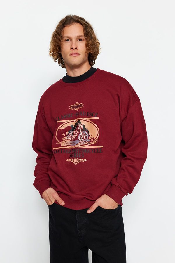 Trendyol Trendyol Claret Red Oversize/Wide Cut Motorcycle Printed Fleece Inside Sweatshirt