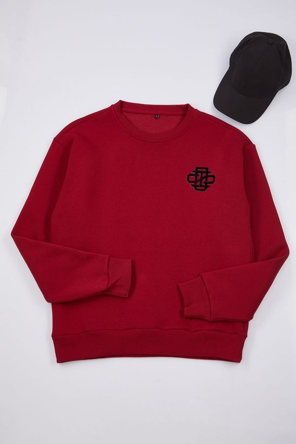 Trendyol Trendyol Claret Red Oversize/Wide Cut Thick Sweatshirt with Embroidery Detail