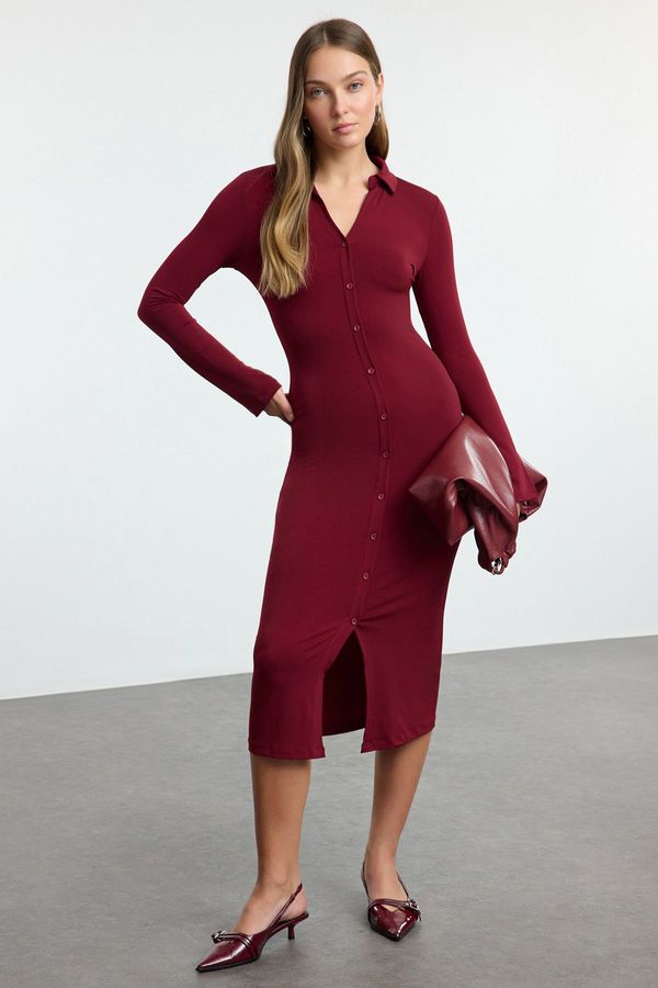 Trendyol Trendyol Claret Red Plain Maxi Polo Neck Fitted/Fits the Body Plain Maxi Flexible Knit Dress