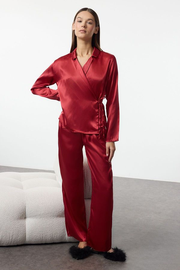 Trendyol Trendyol Claret Red Plain Satin Woven Pajama Set