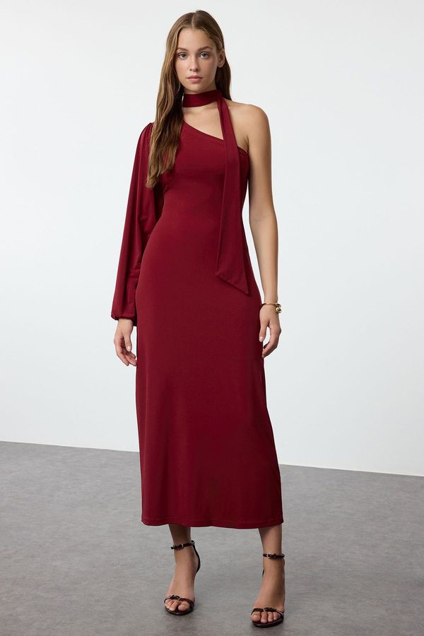 Trendyol Trendyol Claret Red Plain Tie Detail Midi Scarf Detail Fitted/Fits Body Flexible Knit Dress