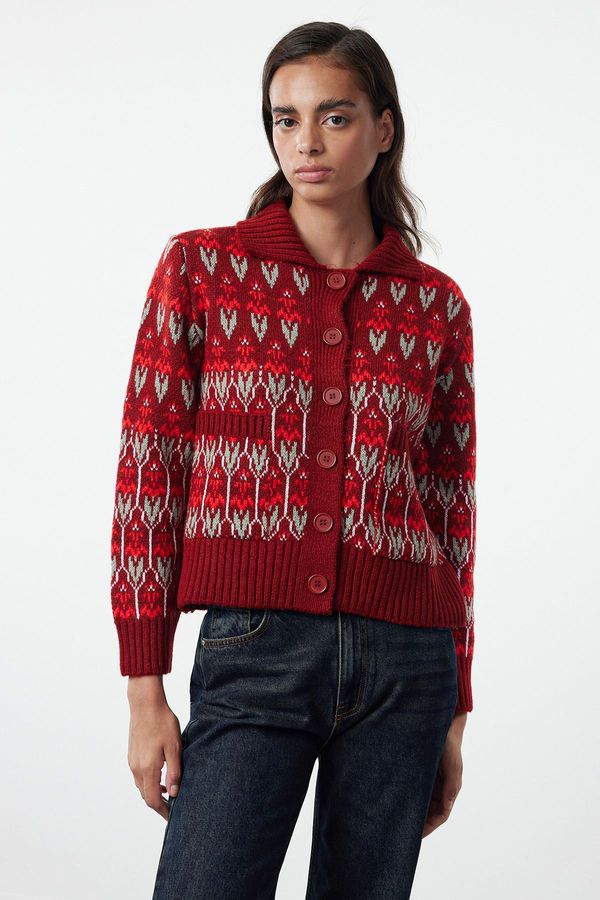 Trendyol Trendyol Claret Red Polo Collar Patterned Knitwear Cardigan