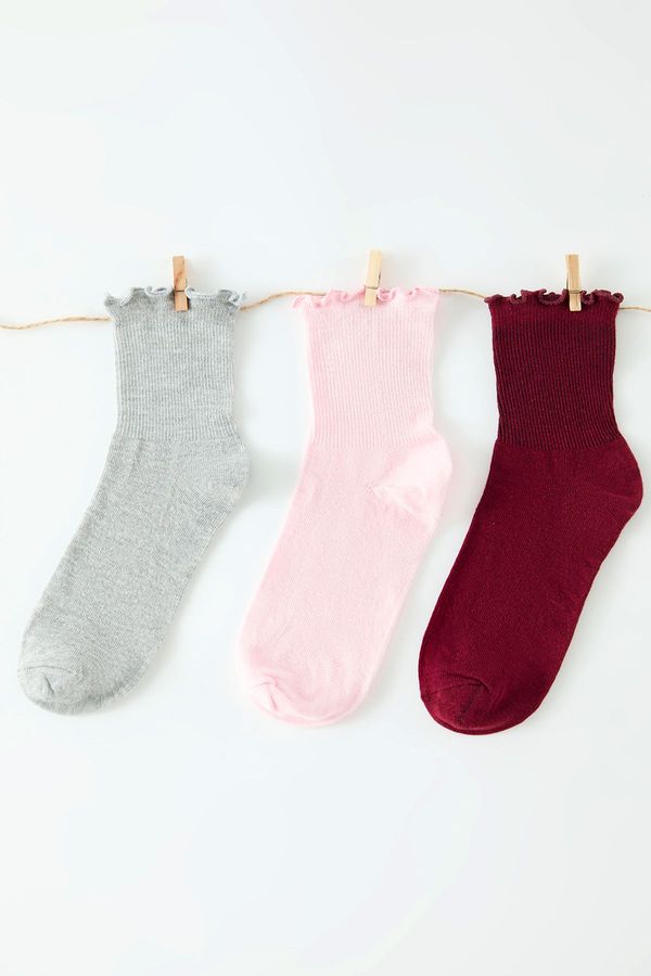 Trendyol Trendyol Claret Red-Powder-Grey 3-Pack Cotton Elastic Mouth Lettuce Detailed Knitted Socks