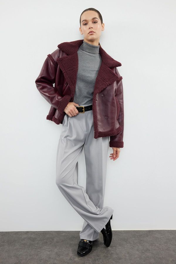 Trendyol Trendyol Claret Red Regular Fit Plush Detailed Faux Leather Biker Jacket Coat