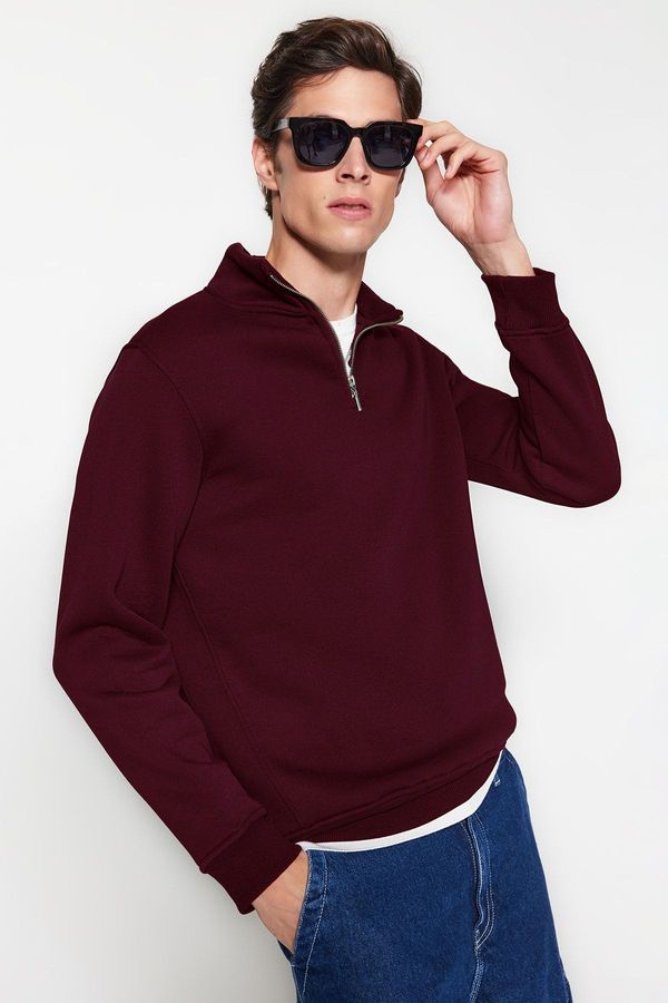 Trendyol Trendyol Claret Red Regular/Normal Cut Stand Collar Zippered Cotton Basic Sweatshirt