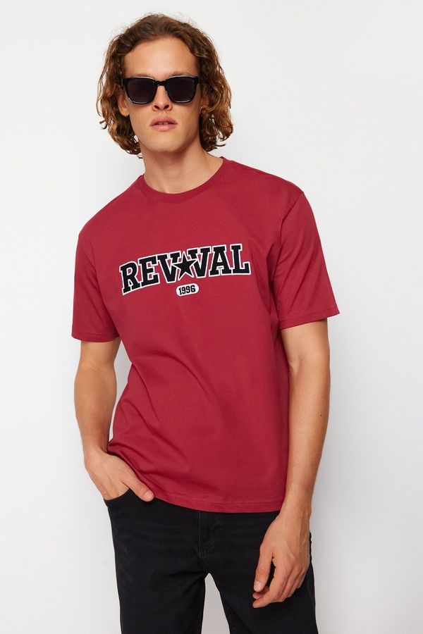 Trendyol Trendyol Claret Red Relaxed/Comfortable Cut Text Embroidery Appliqued 100% Cotton Short Sleeve T-Shirt