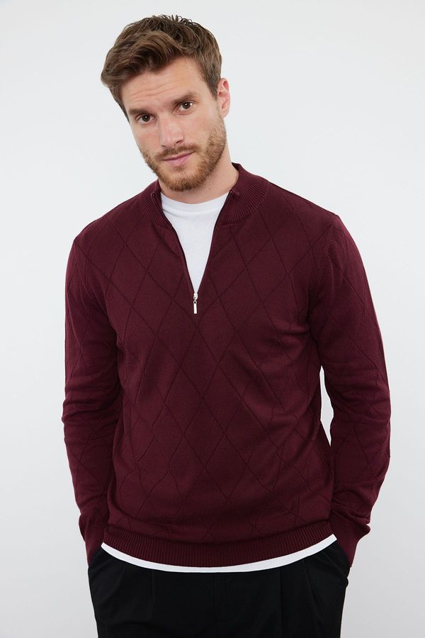 Trendyol Trendyol Claret Red Slim Fit Cotton Half Turtleneck Zippered Collar Smart Knitwear Sweater