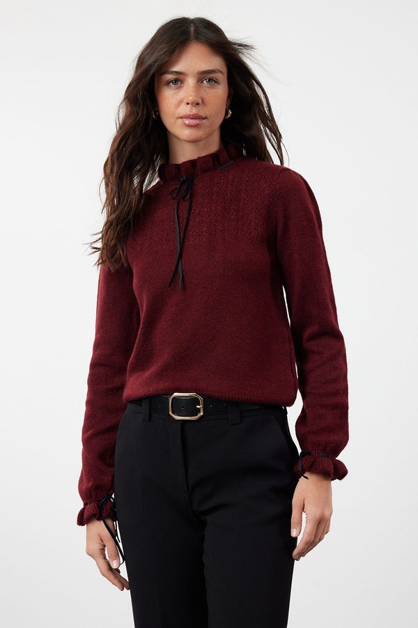 Trendyol Trendyol Claret Red Soft Texture Openwork/Hole Ribbon/Bow Detailed Knitwear Sweater