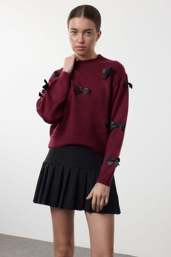 Trendyol Trendyol Claret Red Soft Textured Ribbon/Bow Detailed Knitwear Sweater