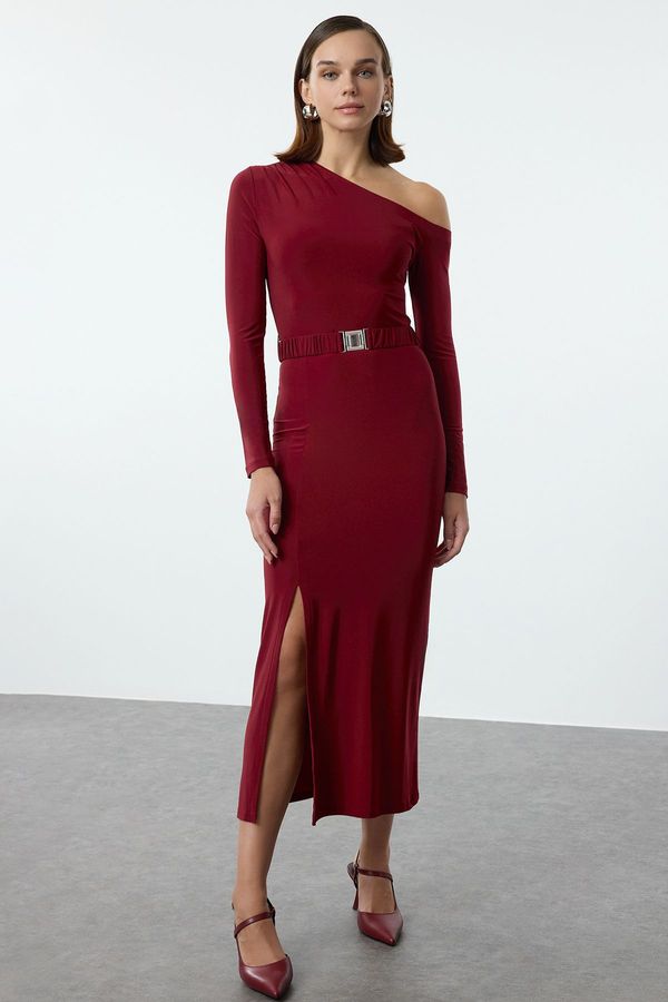 Trendyol Trendyol Claret Red Straight Belt Detailed Fitted Flexible Maxi Knitted Dress