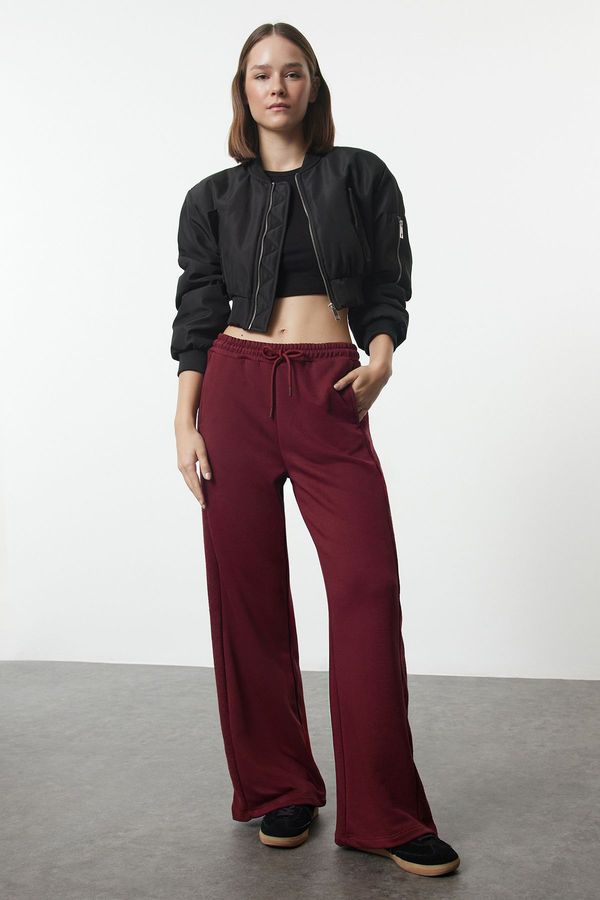 Trendyol Trendyol Claret Red Stripe Detailed Wide Leg High Waist Knitted Sweatpants