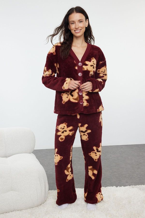 Trendyol Trendyol Claret Red Teddy Bear Patterned Wellsoft Knitted Pajama Set