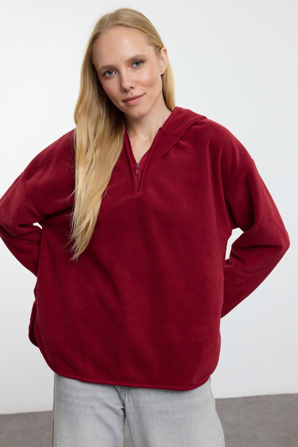 Trendyol Trendyol Claret Red Thick Fleece Hooded and Zippered Oversize/Wide Fit Knitted Sweatshirt