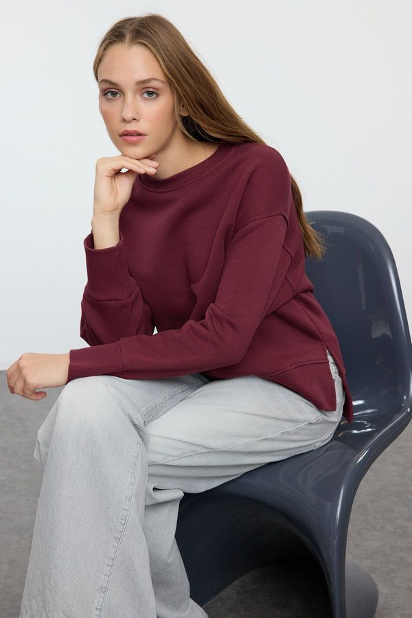 Trendyol Trendyol Claret Red Thick Fleece Inside Crew Neck Regular/Normal Pattern Basic Knitted Sweatshirt