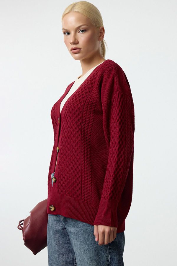 Trendyol Trendyol Claret Red Wide Pattern Basic Knitwear Cardigan