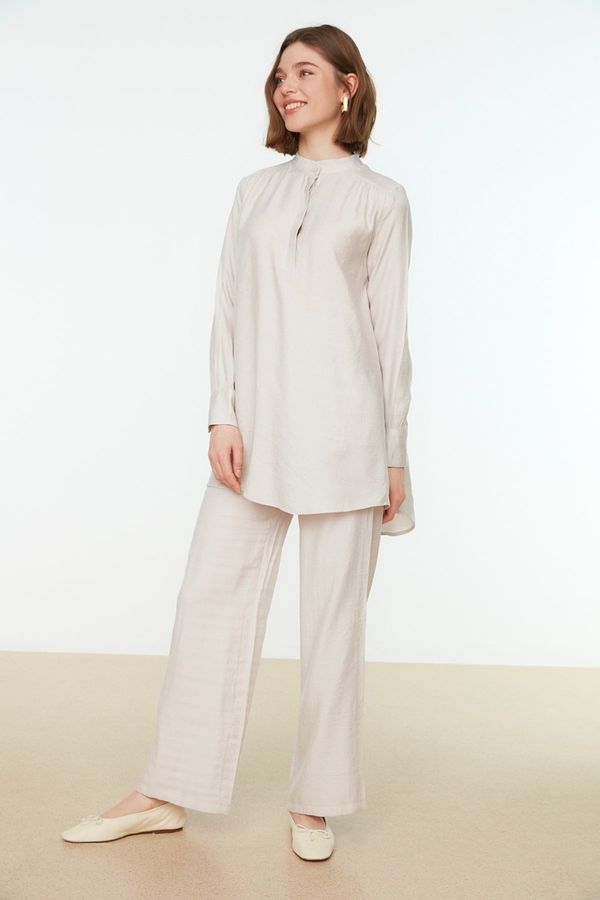 Trendyol Trendyol Cream Half-Concealed Fly Shoulder Detailed Tunic-Pants Woven Suit