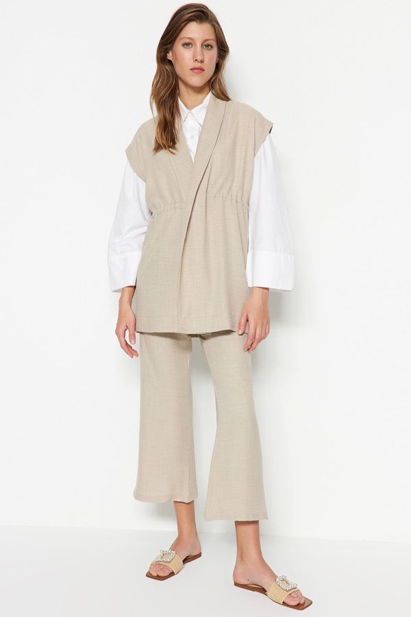 Trendyol Trendyol Cream Inner Tie Linen Look Kimono-Pants Woven Set