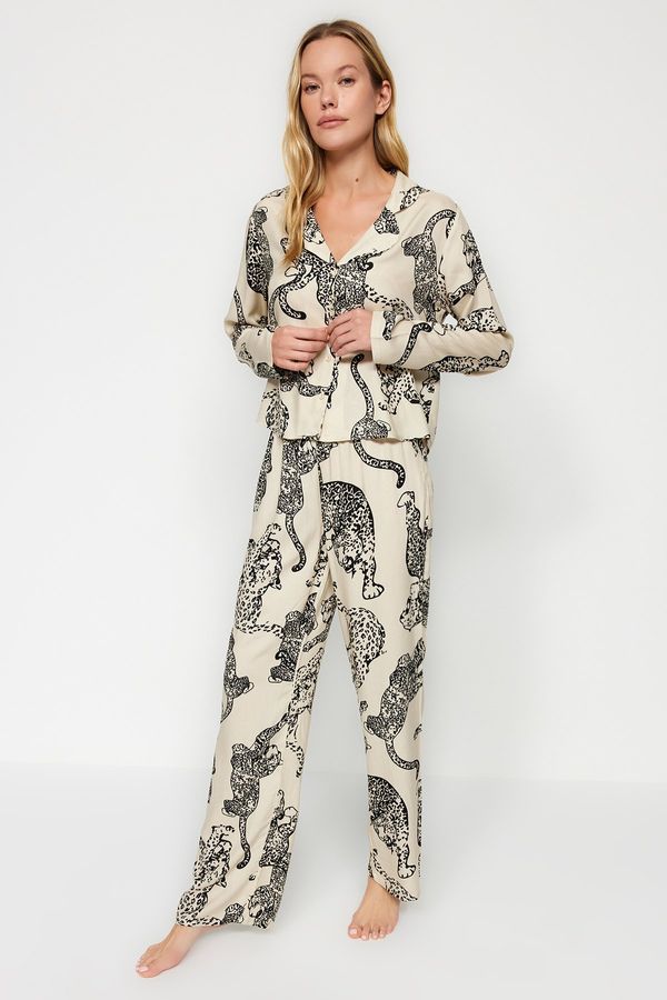 Trendyol Trendyol Cream Tiger Pattern Viscose Woven Pajamas Set