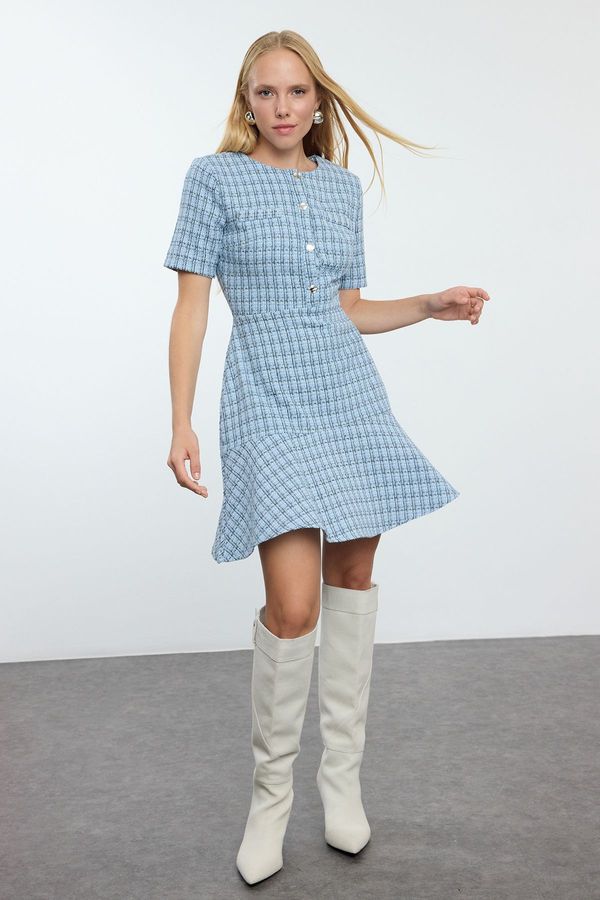 Trendyol Trendyol Crew Neck Mini Tweed Woven Dress with Indigo Skirt Opening at the Waist