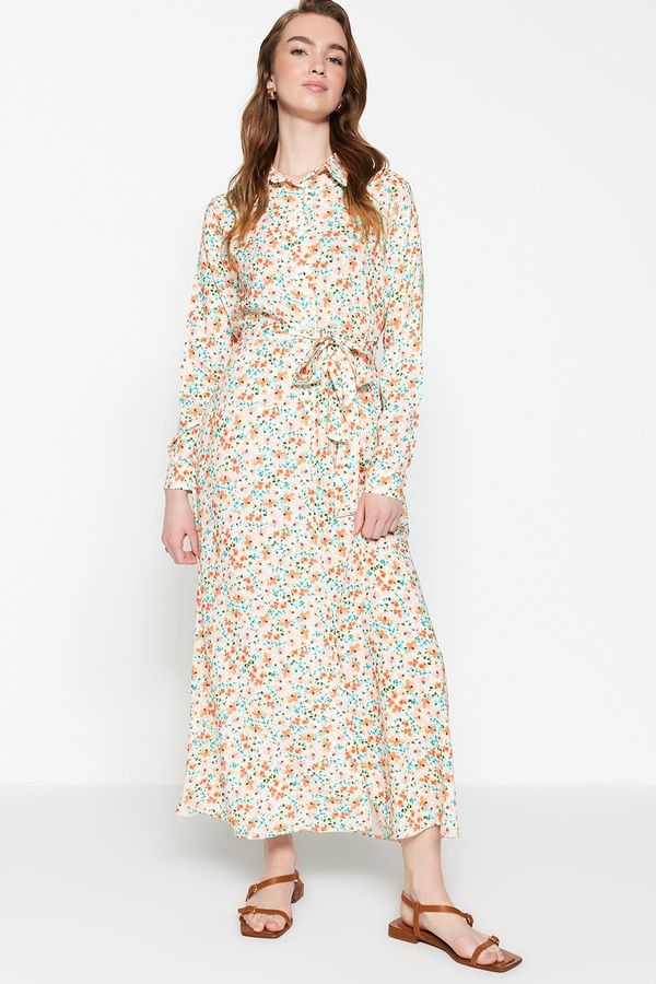 Trendyol Trendyol Crispy Floral Patterned Ecru 100% Viscose Woven Shirt Dress With Belt