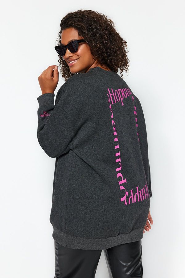 Trendyol Trendyol Curve Anthracite Back Printed Wide Fit Knitted Sweatshirt with Fleece Inside