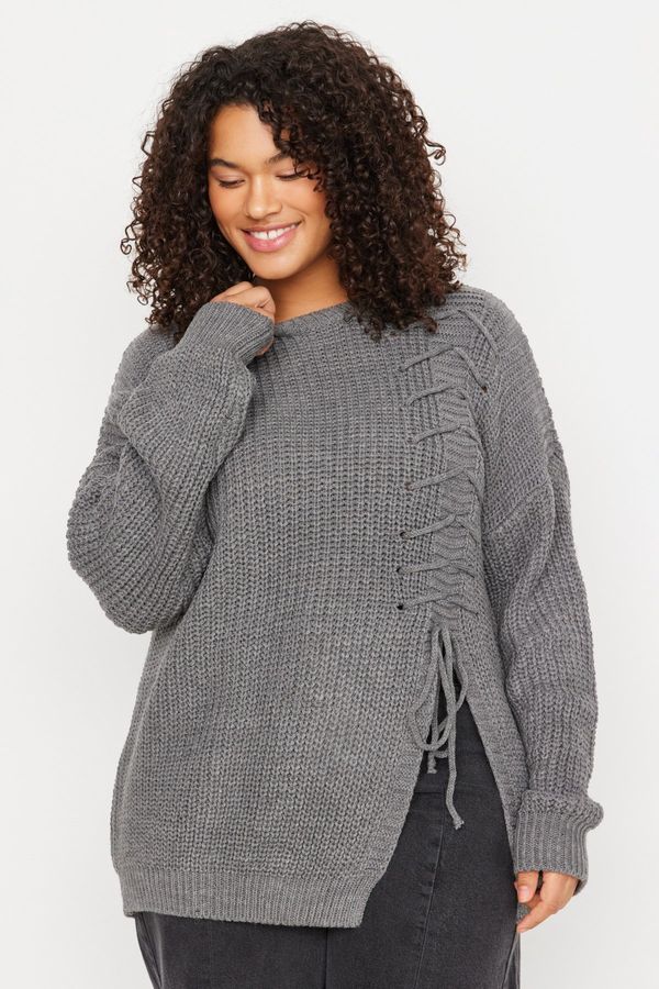 Trendyol Trendyol Curve Anthracite Cross Lace-Up Detail Knitwear Sweater.