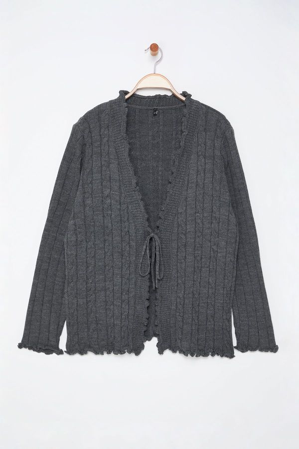 Trendyol Trendyol Curve Anthracite Hair Knit Patterned Tied Knitwear Cardigan