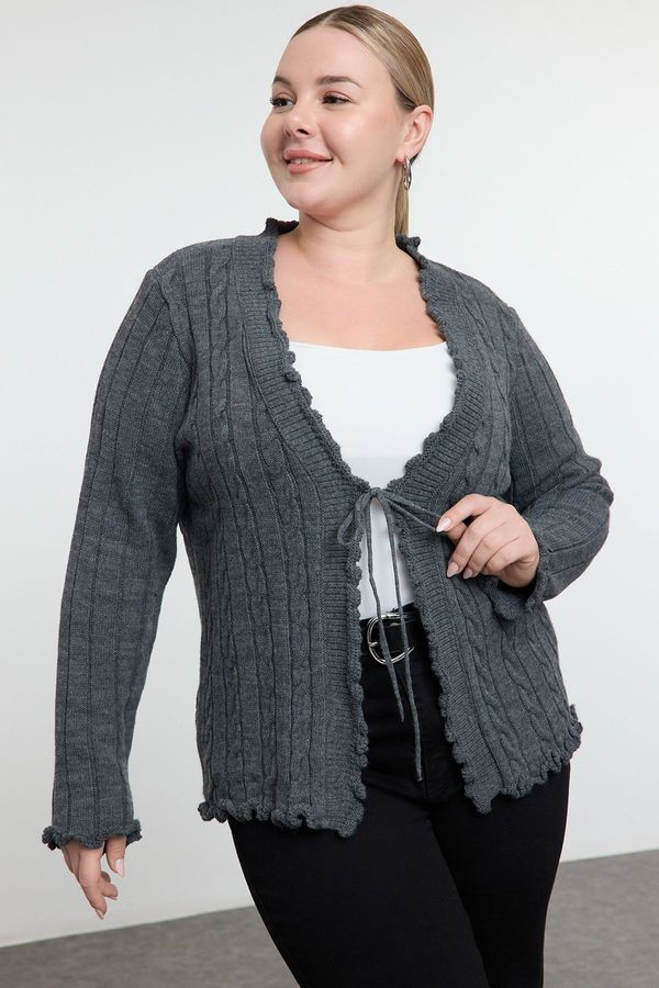 Trendyol Trendyol Curve Anthracite Hair Knit Patterned Tied Knitwear Cardigan