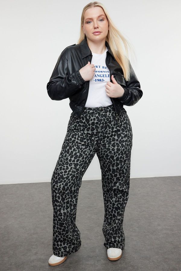 Trendyol Trendyol Curve Anthracite High Waist Leopard Patterned Straight Fit Plus Size Jeans