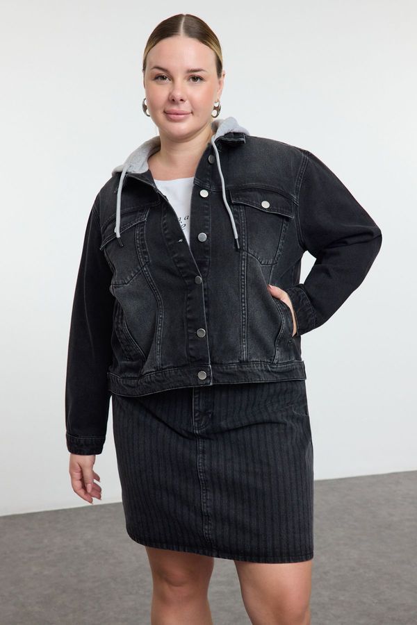 Trendyol Trendyol Curve Anthracite Hooded Plus Size Denim Jacket