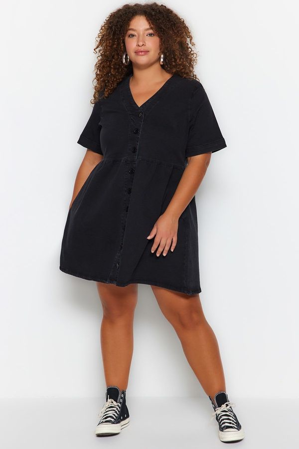 Trendyol Trendyol Curve Anthracite Open-Waist/Skater V-Neck Denim Dress