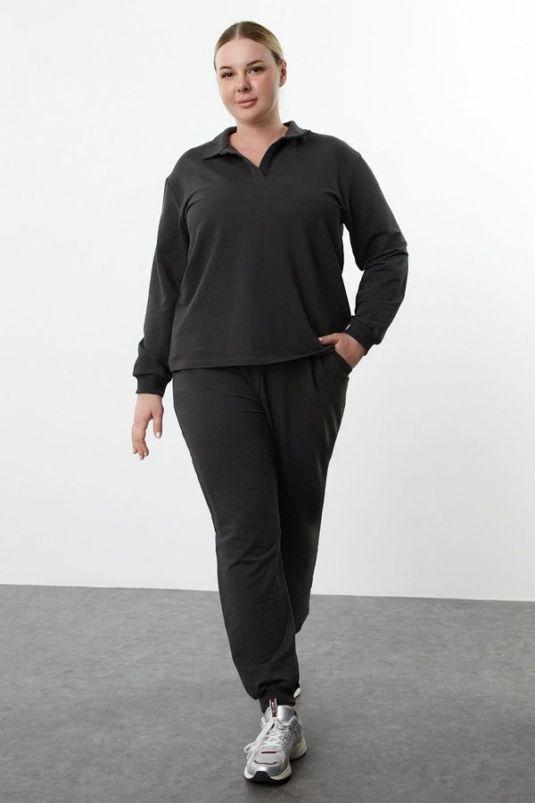 Trendyol Trendyol Curve Anthracite Polo Collar Elasticated Thin Knit Plus Size Tracksuit