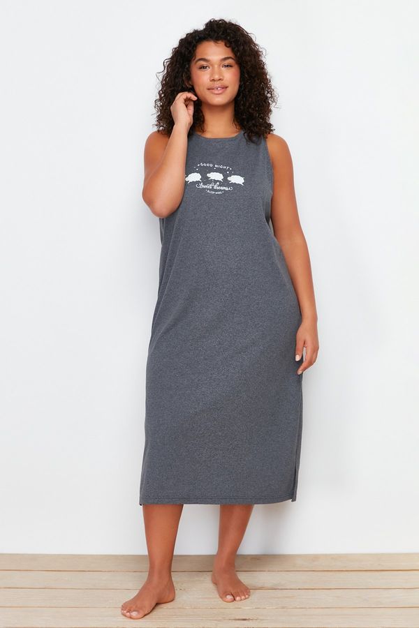 Trendyol Trendyol Curve Anthracite Printed Midi Oversized Knitted Nightgown